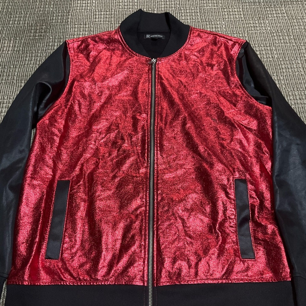 INC International Concepts Shimmering Red and Black Bomber Jacket